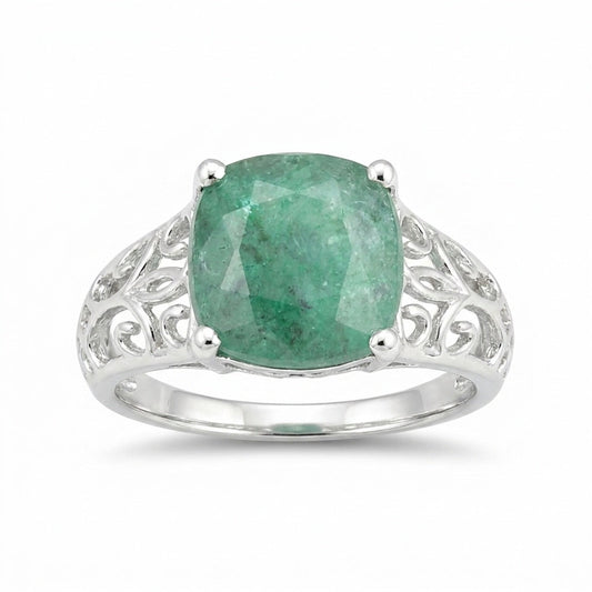 Green Emerald Solitaire Ring 4.70 Ct. Cushion Cut 925 Sterling Silver Stackable