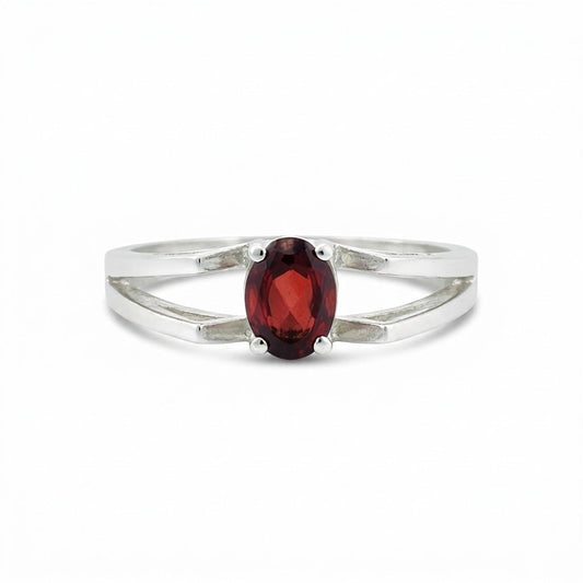 Red Garnet Solitaire Ring 3.73 Ct. Oval Cut 925 Sterling Silver Stackable Band