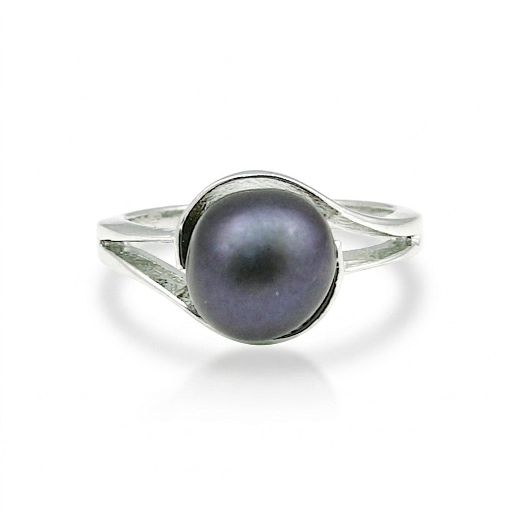 Black Pearl Round Ring Set in 925 Sterling Silver for Her Bridal Style