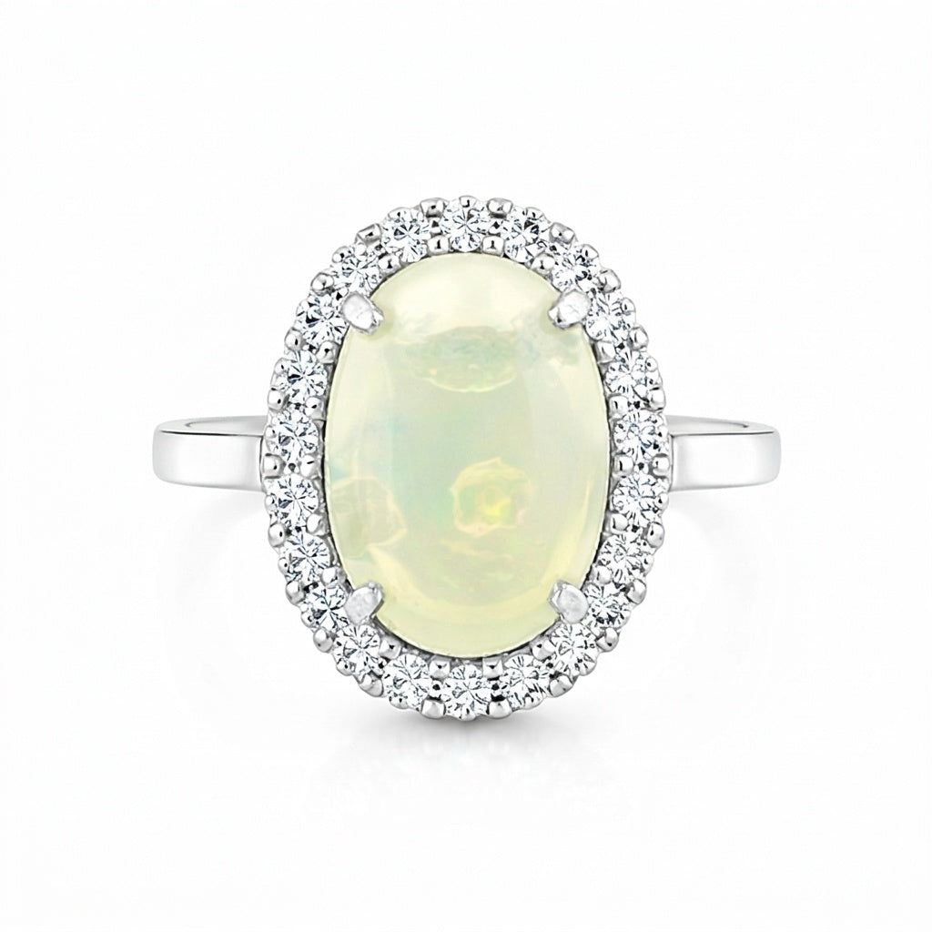 Oval Cabochon Cut White Fire Opal 3.65 Ct Ring in 925 Sterling Silver for Women