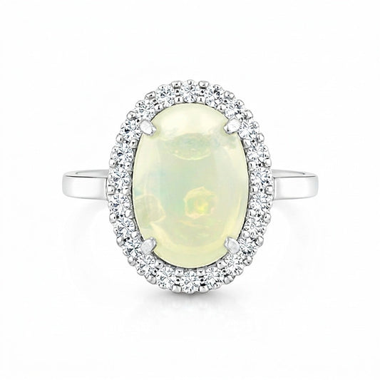 Oval Cabochon Cut White Fire Opal 3.65 Ct Ring in 925 Sterling Silver for Women