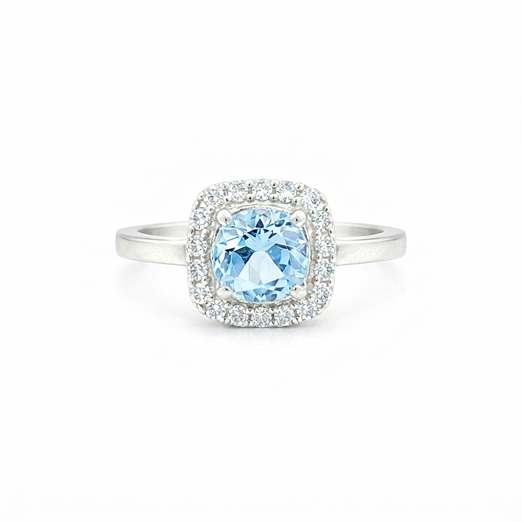 Round Blue Aquamarine Gift for Her Ring in 925 Sterling Silver Designer Look