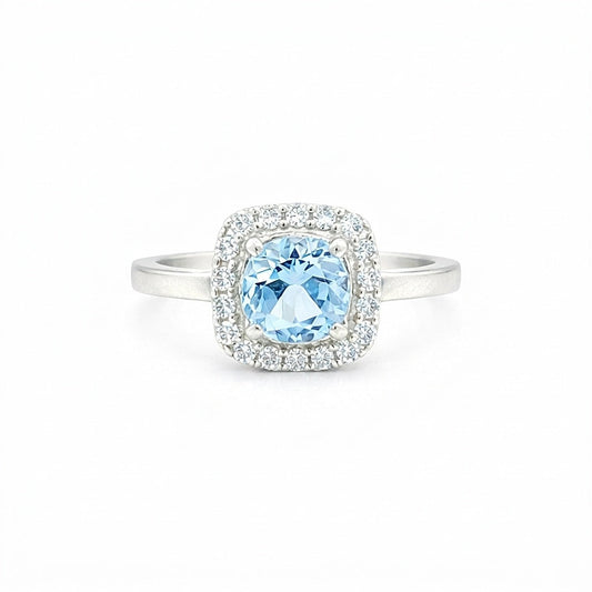 Round Blue Aquamarine Gift for Her Ring in 925 Sterling Silver Designer Look