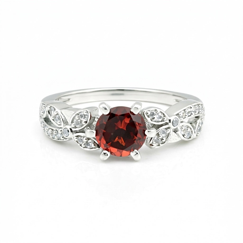 Certified Solitaire Round Cut Red Garnet Ring in 925 Sterling Silver for Women