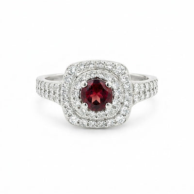 Anniversary Red Garnet Ring Round Cut in 925 Sterling Silver for Women