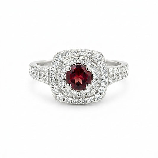 Anniversary Red Garnet Ring Round Cut in 925 Sterling Silver for Women