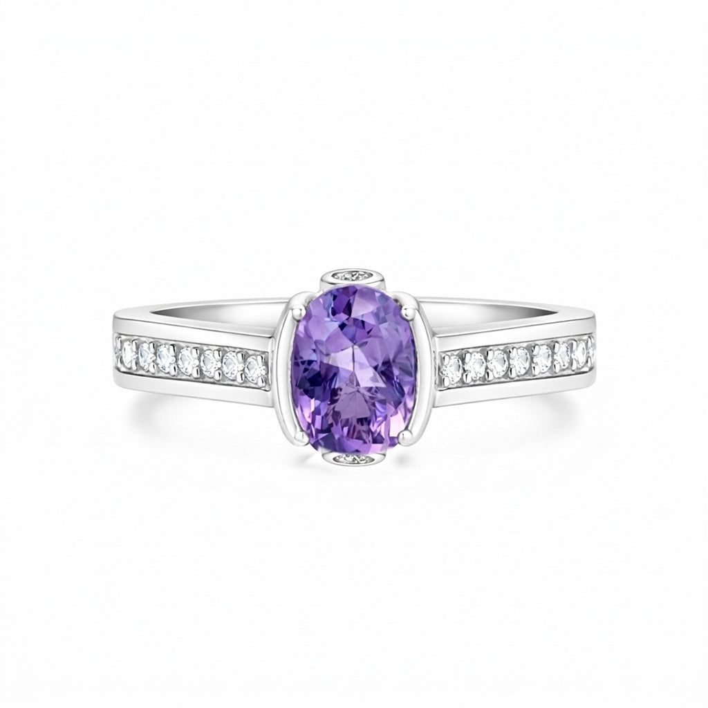 Fine Jewelry Purple Amethyst Ring Oval Cut in 925 Sterling Silver for Wedding