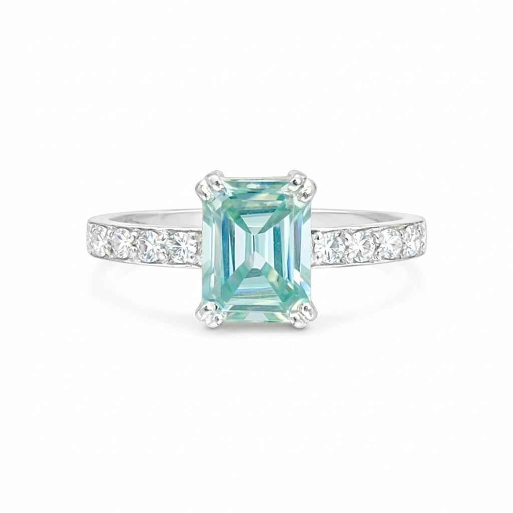 Everyday Wear Blue Aquamarine Emerald Ring in 925 Sterling Silver for Wedding