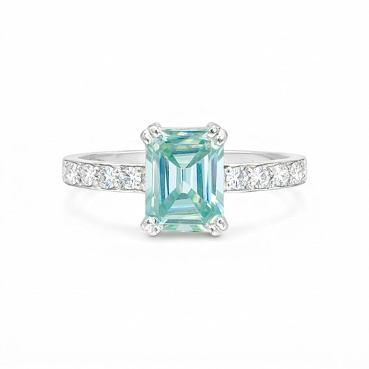 Everyday Wear Blue Aquamarine Emerald Ring in 925 Sterling Silver for Wedding