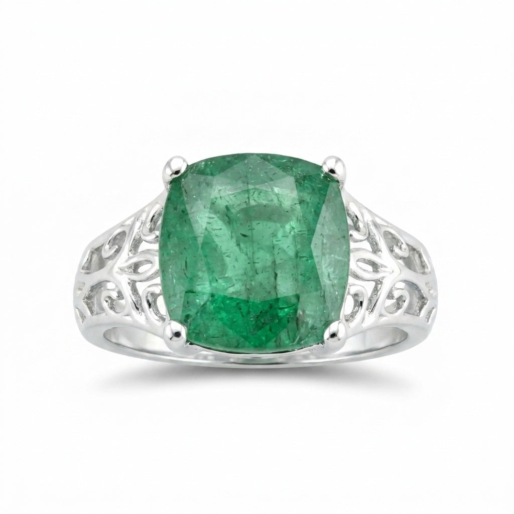 3.25 Ct Green Emerald Cushion Ring in 925 Sterling Silver for Wedding Boho Style