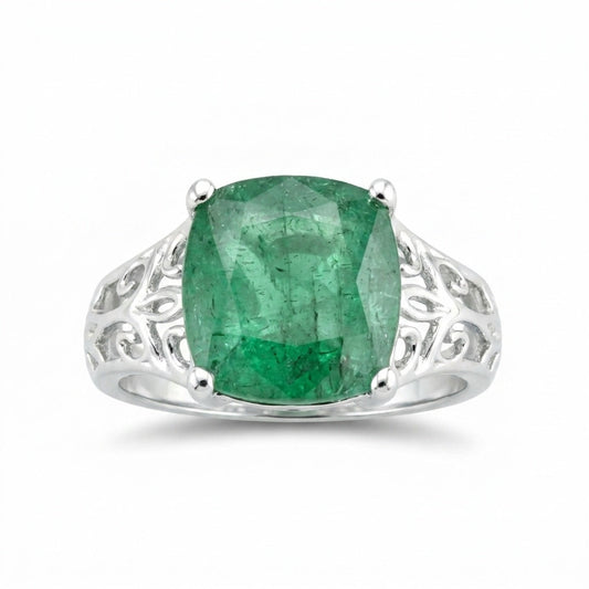 3.25 Ct Green Emerald Cushion Ring in 925 Sterling Silver for Wedding Boho Style