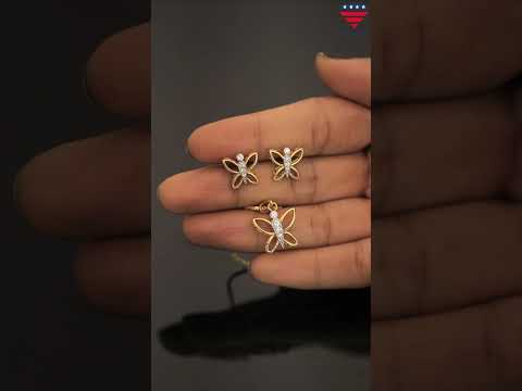 18KT Yellow Gold 0.26 Ct Butterfly Design  Natural Diamond Pendant And Earrings