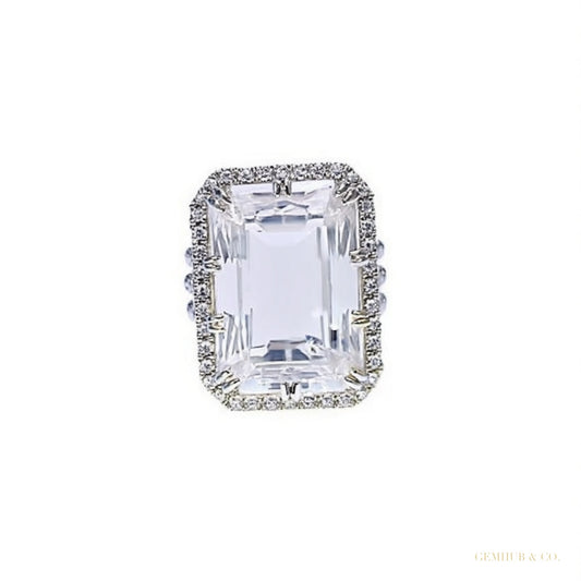 RARE 22.60 ct DEW Emerald Cut Off White Treated Moissanite Ring in WOW 18K Gold Plated 18K Gold Plated – white background main image