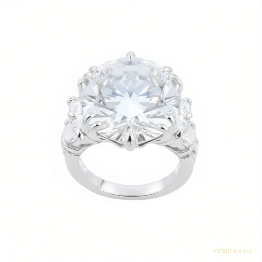RARE 9.25 ct DEW Round Cut White Treated Moissanite Solitaire Ring in 18K Gold Plated V 18K Gold Plated – white background main image