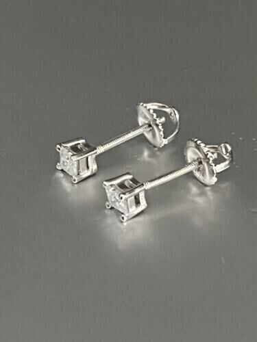 Screw Back Princess Shape Natural Diamond Stud Earrings 4-Prong 14k White Gold - Image 4 - GEMHUB & CO.