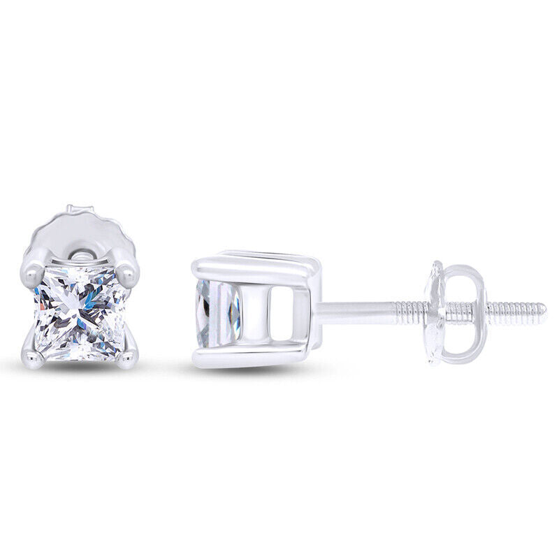 Screw Back Princess Shape Natural Diamond Stud Earrings 4-Prong 14k White Gold - Image 8 - GEMHUB & CO.