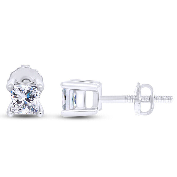 Screw Back Princess Shape Natural Diamond Stud Earrings 4-Prong 14k White Gold - Image 8 - GEMHUB & CO.