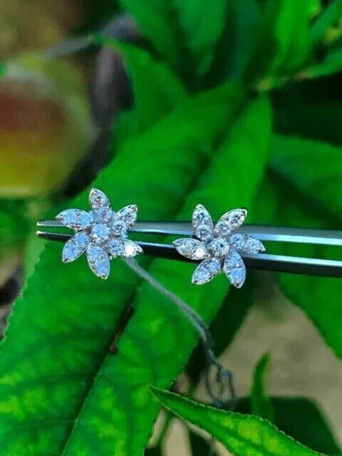 Round Cut Natural Diamond Flower Shape Studs Women's Earrings 14k White Gold - Image 3 - GEMHUB & CO.