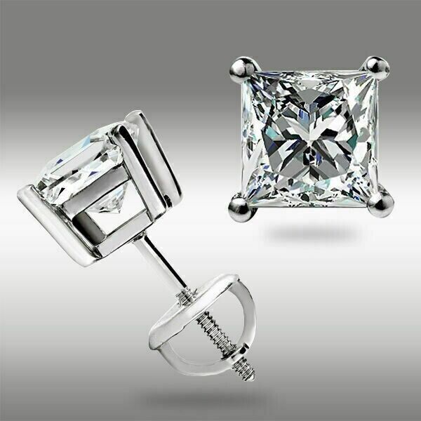 Screw Back Princess Shape Natural Diamond Stud Earrings 4-Prong 14k White Gold - GEMHUB & CO.
