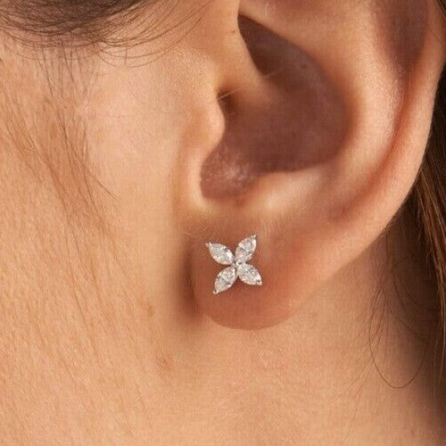 Marquise Cut Natural GH/SI Diamond Flower Stud 4-Stone Earrings 14k White Gold - Image 2 - GEMHUB & CO.