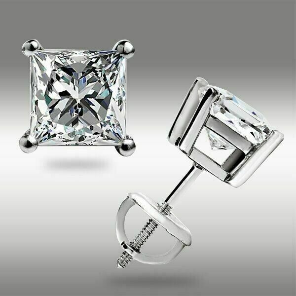 Screw Back Princess Shape Natural Diamond Stud Earrings 4-Prong 14k White Gold - Image 3 - GEMHUB & CO.