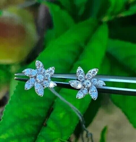 Round Cut Natural Diamond Flower Shape Studs Women's Earrings 14k White Gold - GEMHUB & CO.