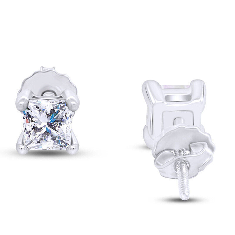 Screw Back Princess Shape Natural Diamond Stud Earrings 4-Prong 14k White Gold - Image 7 - GEMHUB & CO.