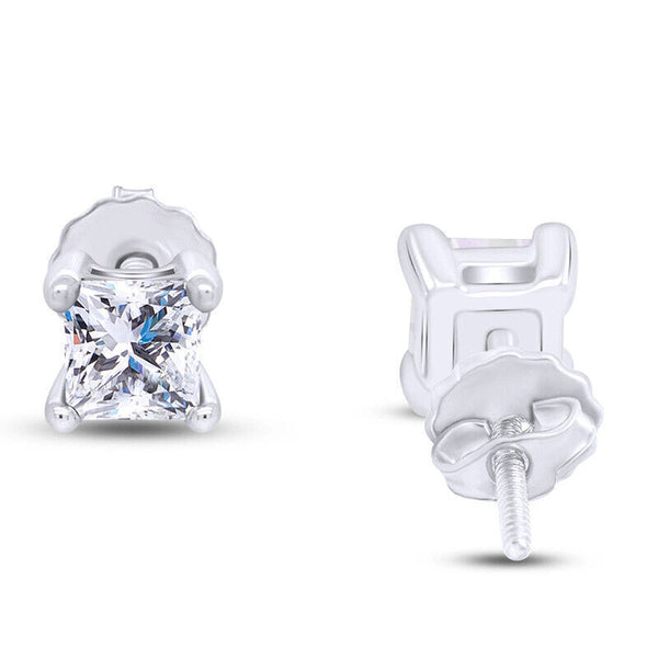 Screw Back Princess Shape Natural Diamond Stud Earrings 4-Prong 14k White Gold - Image 7 - GEMHUB & CO.