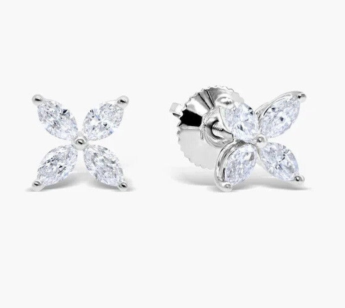 Marquise Cut Natural GH/SI Diamond Flower Stud 4-Stone Earrings 14k White Gold - Image 4 - GEMHUB & CO.