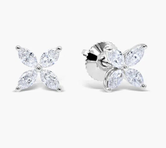 Marquise Cut Natural GH/SI Diamond Flower Stud 4-Stone Earrings 14k White Gold - GEMHUB & CO.