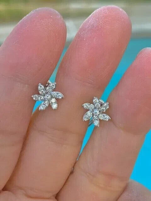 Round Cut Natural Diamond Flower Shape Studs Women's Earrings 14k White Gold - Image 4 - GEMHUB & CO.