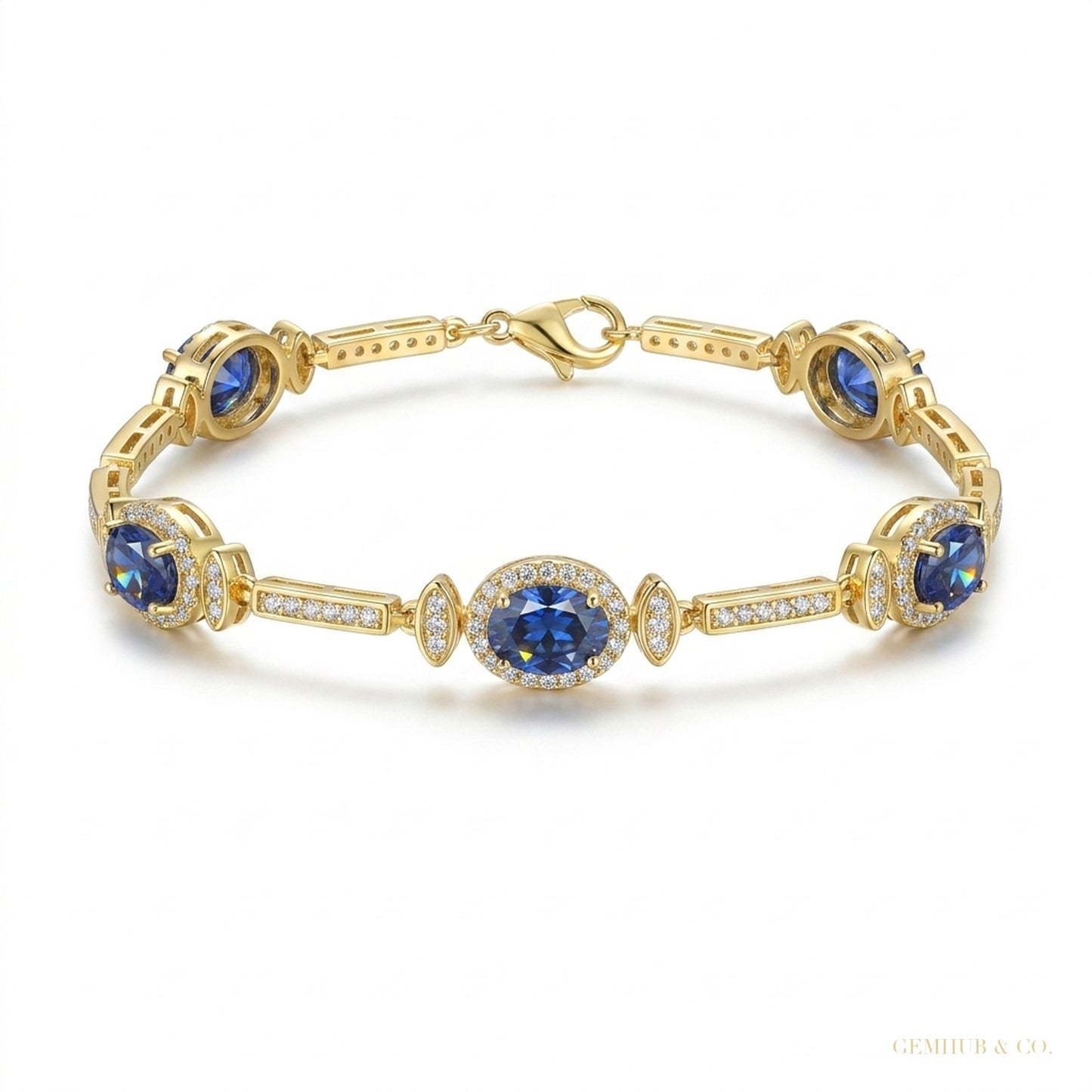 Certified Oval Cut Natural Sapphire & Diamond Chain Tennis Bracelet 14k Gold – white background main image