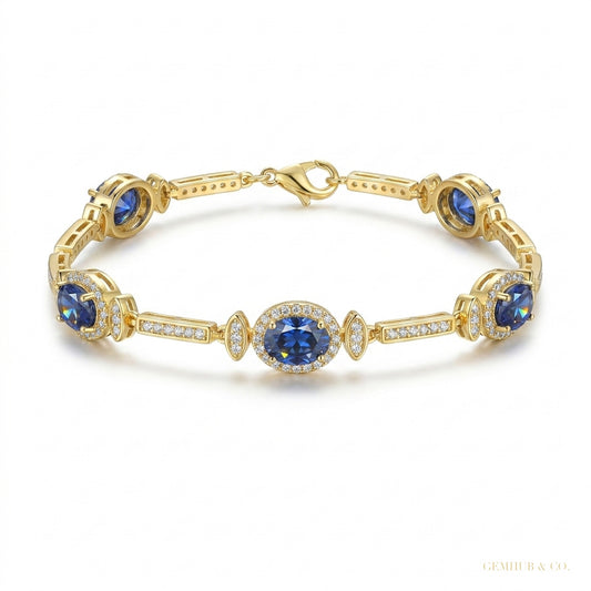 Certified Oval Cut Natural Sapphire & Diamond Chain Tennis Bracelet 14k Gold – white background main image
