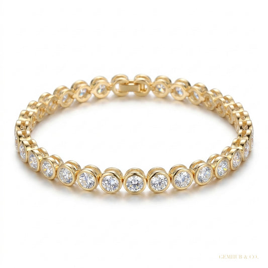 Bezel Round Certified Lab-Grown 8Ct Diamond Tennis Bracelet 14k Yellow Gold – white background main image
