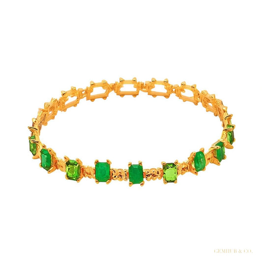 Natural Green Emerald & Diamond Women's Tennis Bracelet Solid 14k Yellow Gold – white background main image