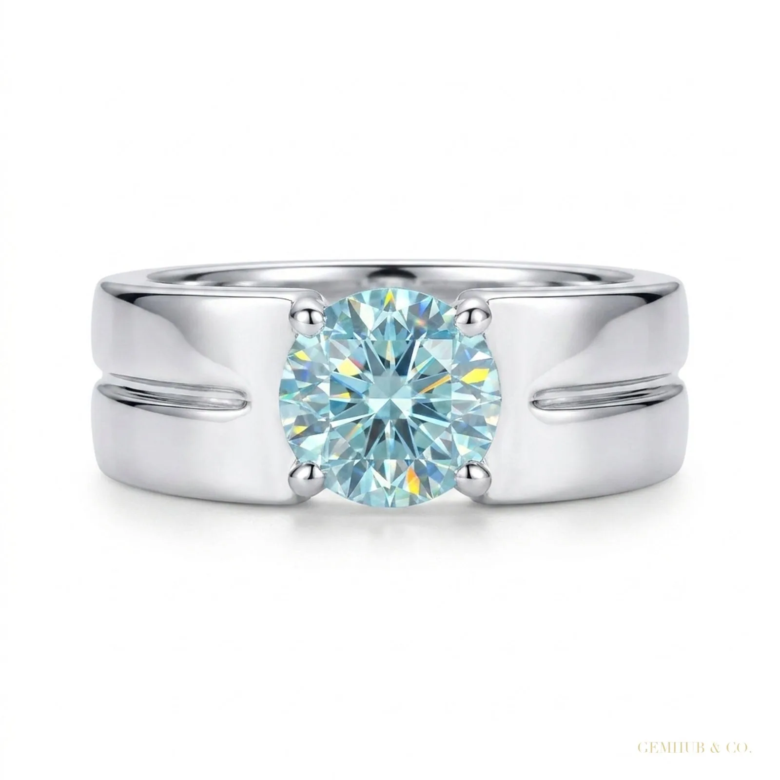 1.50 ct DEW Blue Moissanite Solitaire Ring in Certified Gem 18K Gold Plated