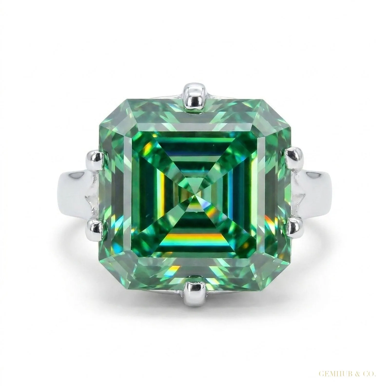 10.10 ct DEW Certified Blue Moissanite Asscher Cut Solitaire Ring – 18K Gold Vermeil