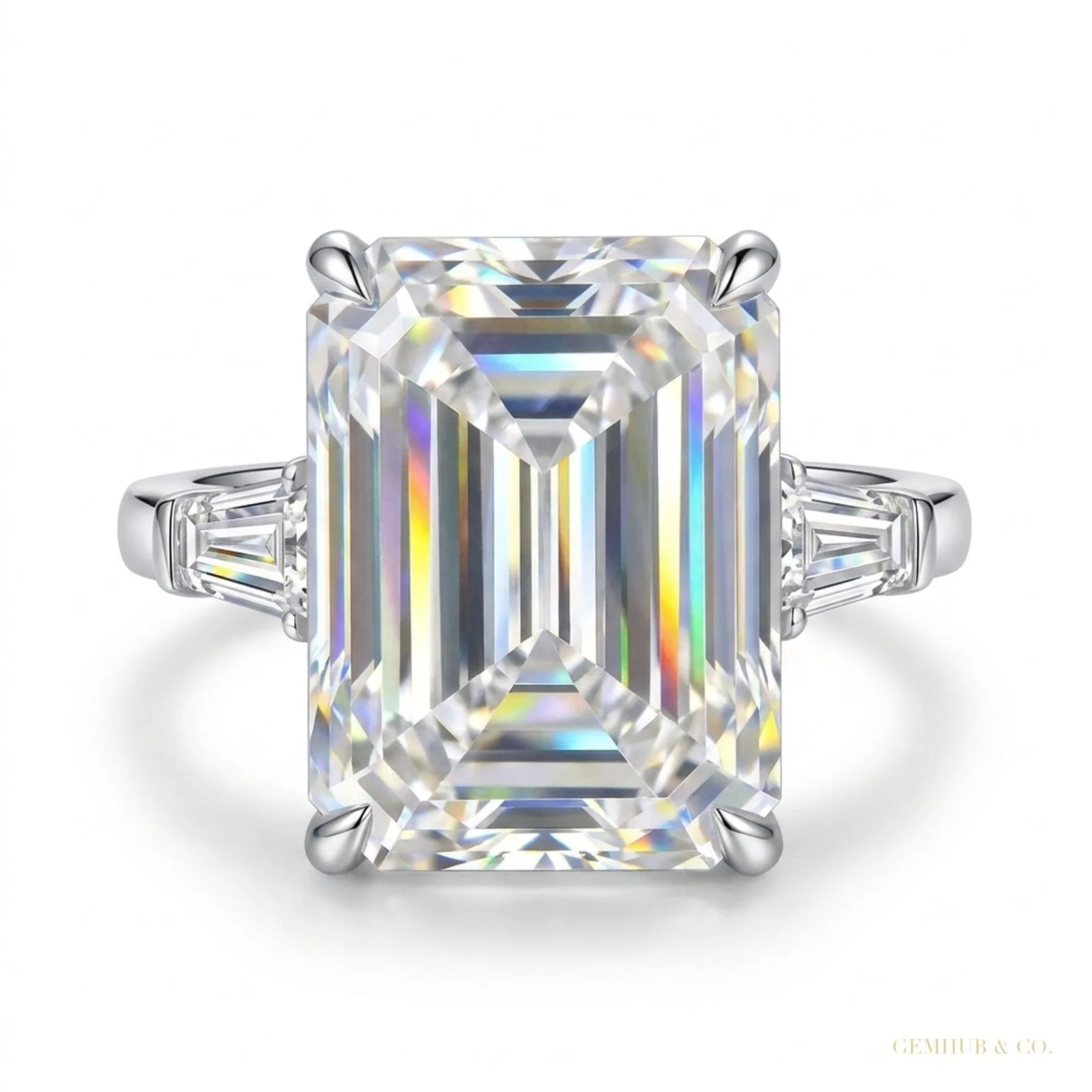 14.50 ct DEW GRA Certified White Emerald Cut Moissanite Ring 18K Gold Plated