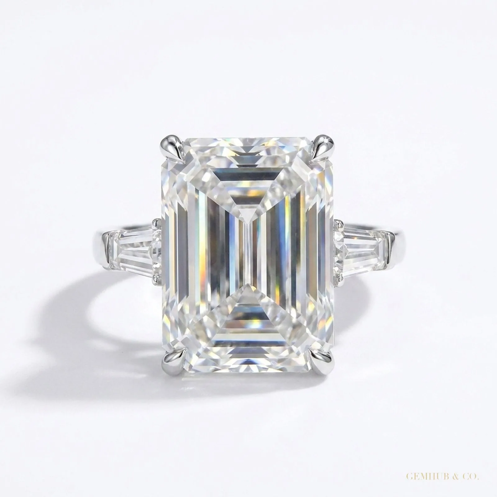 14.50 ct DEW Emerald Cut Off White Moissanite Ring – Bridal Jewelry – 18K Gold Vermeil