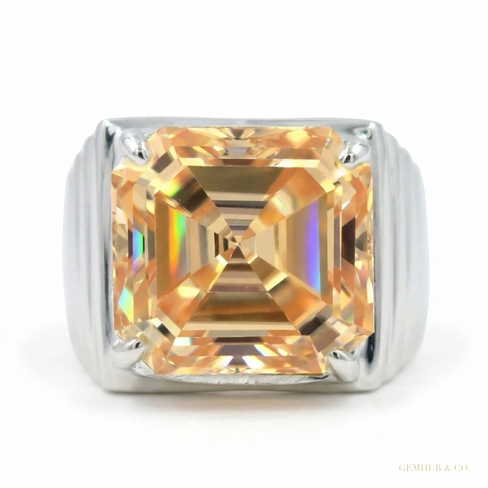 15.30 ct DEW Asscher Cut Champagne Moissanite Ring Gift for Wedding – 18K Gold Vermeil