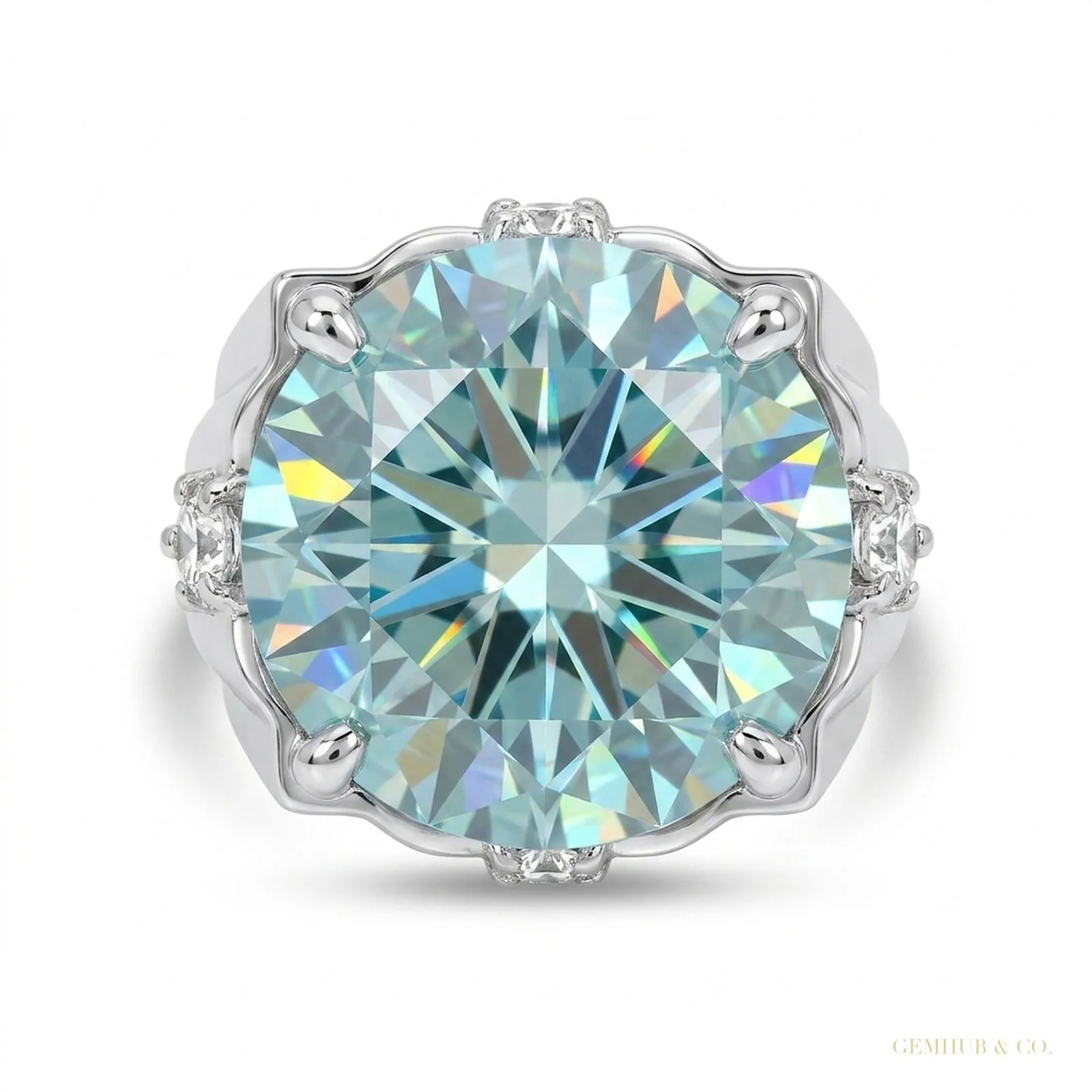15.40 ct DEW Round Blue Moissanite Ring Festival Gift for Wife or Mom – 18K Gold Vermeil