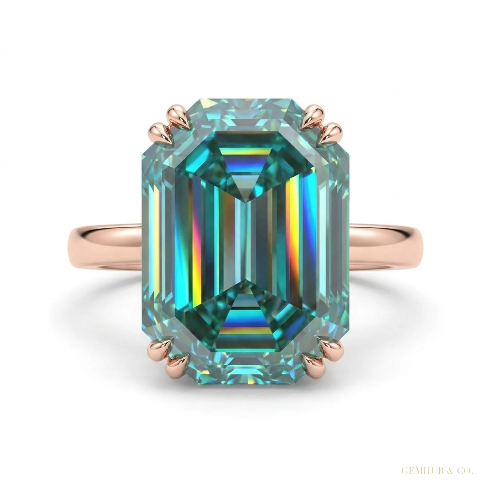 17.60 ct DEW Blue Emerald Cut Moissanite Ring Bold Statement Gift Ring – 18K Gold Vermeil