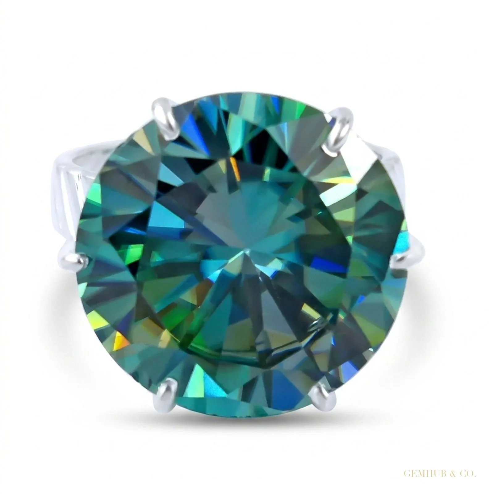 17.20ct DEW Blue Moissanite Round Statement Ring | 18K Gold Vermeil | GRA Certified