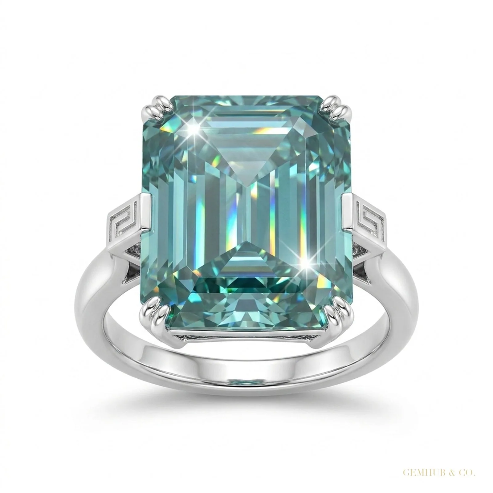 18.60 ct DEW Emerald Cut Blue Moissanite Ring in Certified Statement – 18K Gold Vermeil