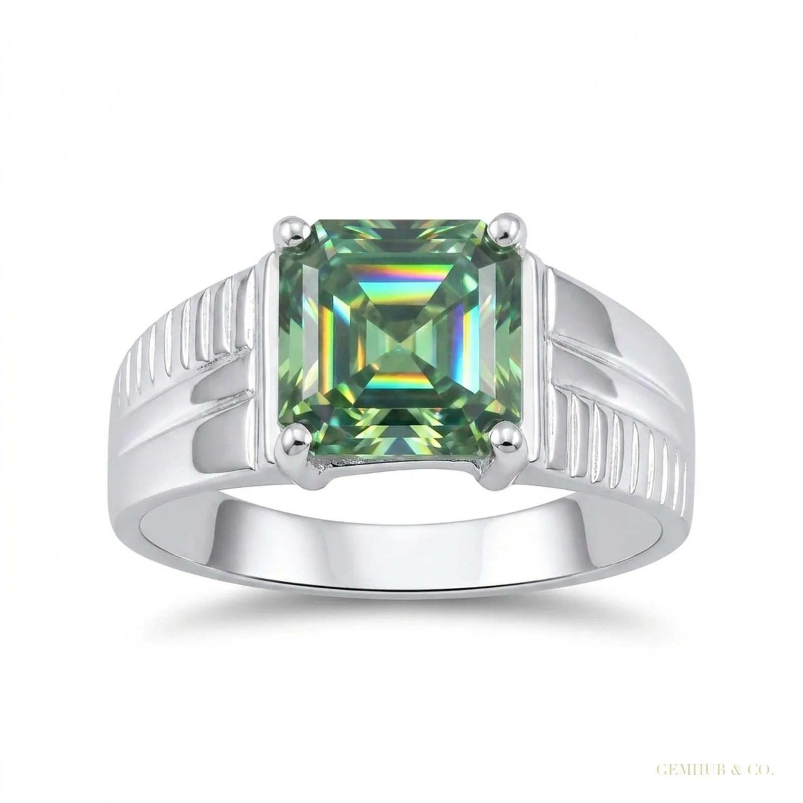 2.20 ct DEW Emerald Cut Blue Treated Moissanite Ring in – Certified Gem 18K Gold Plated