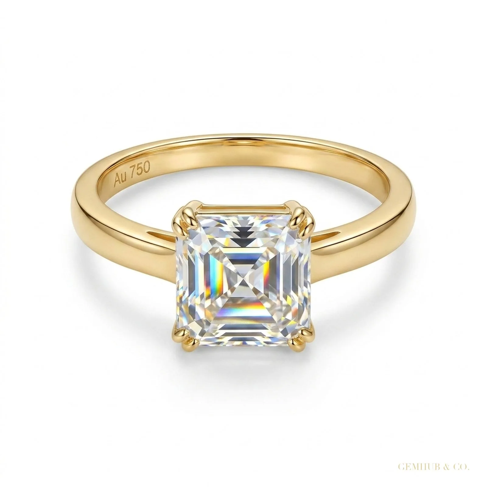 2.40 ct DEW Certified Asscher Cut Off White Moissanite Ring 18K Gold Plated