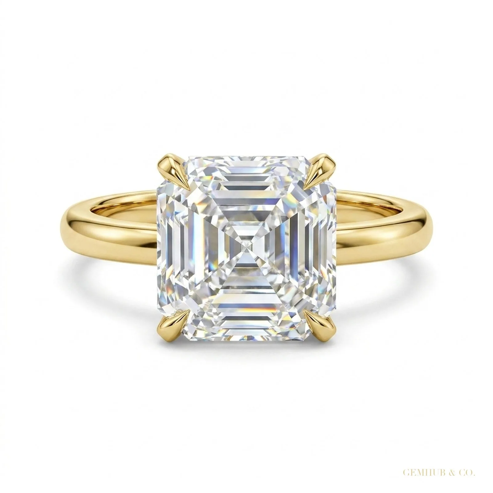 2.80 ct DEW Asscher Cut White Treated Moissanite Solitaire Ring in Cert 18K Gold Plated