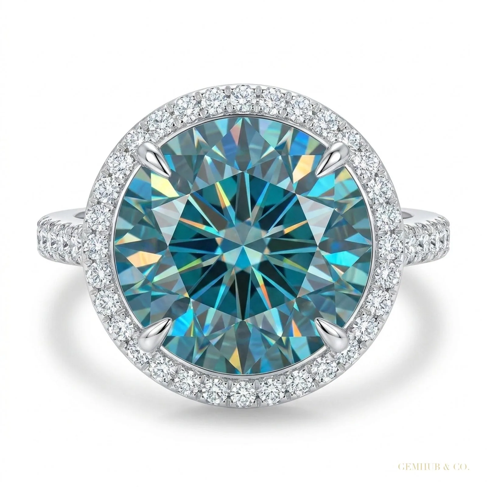 20.60 ct DEW Blue Moissanite Solitaire Ring in Certified Bold Luxury – 18K Gold Vermeil