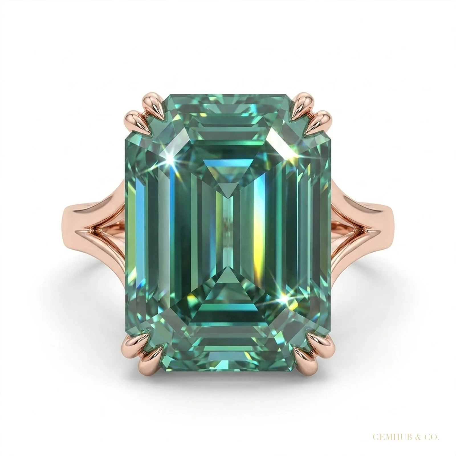 24.80 ct DEW Emerald Cut Blue Moissanite Ring Grand Gift for Anniversary – 18K Gold Vermeil