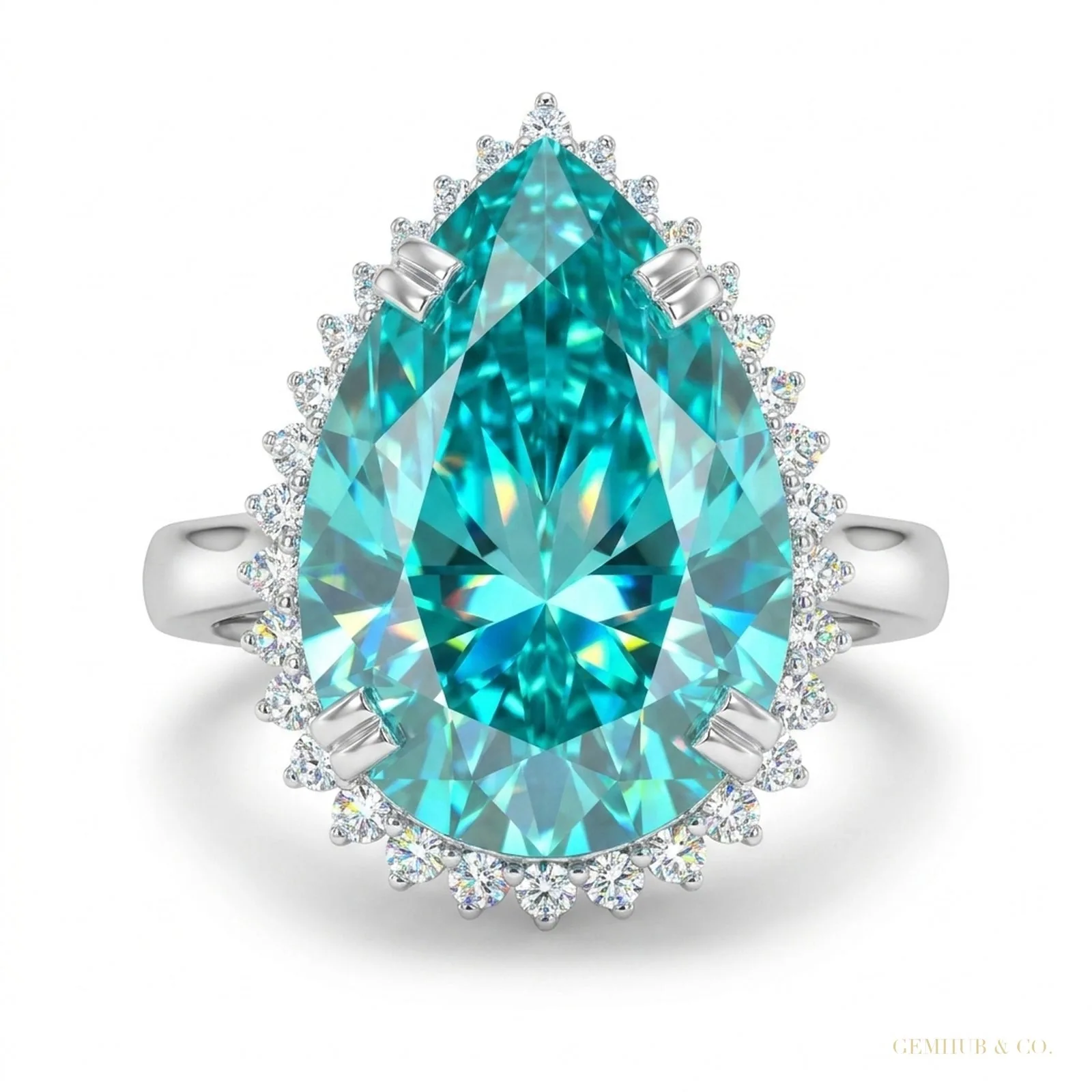 27.20 ct DEW Pear Cut Blue Moissanite Ring – Festival Showstopper – 18K Gold Vermeil